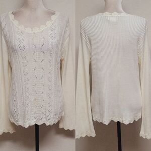 Vintage 90s Worthington USA Made Cream Scalloped Knit Flare Sleeve Sweater L
